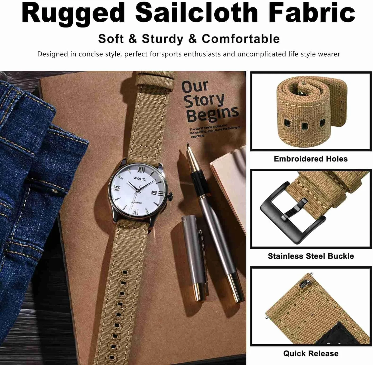 WOCCI Watch Bands, Sailcloth Canvas Fabric, Quick Release, Compatible Watch Lug Width 18mm 19mm 20mm 22mm 24mm
