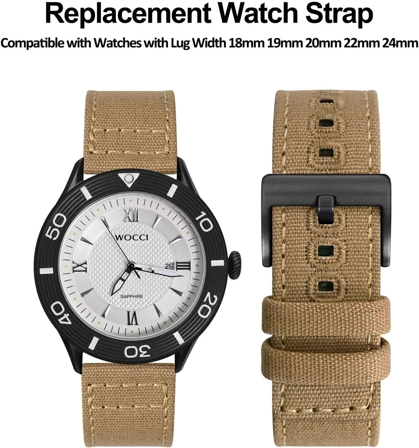 WOCCI Watch Bands, Sailcloth Canvas Fabric, Quick Release, Compatible Watch Lug Width 18mm 19mm 20mm 22mm 24mm