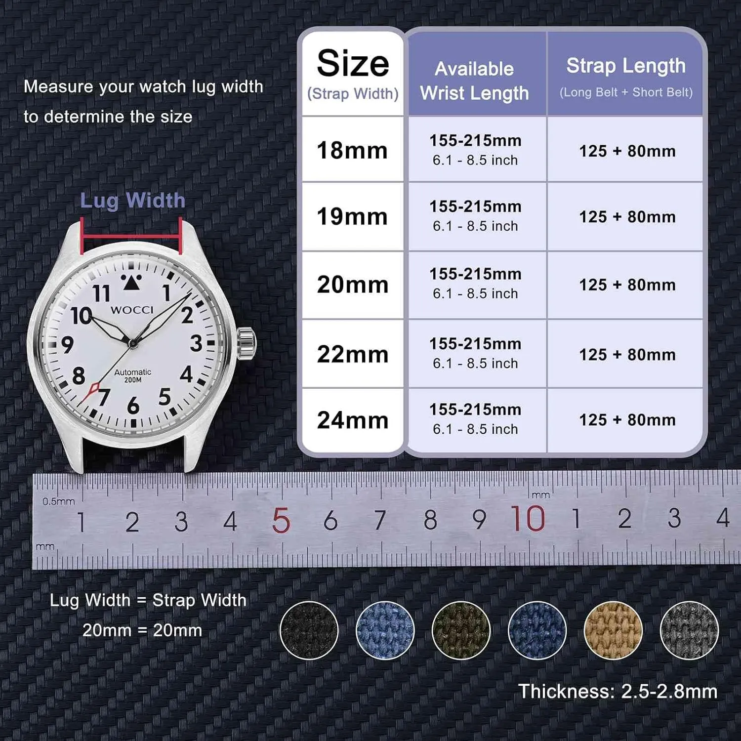 WOCCI Watch Bands, Sailcloth Canvas Fabric, Quick Release, Compatible Watch Lug Width 18mm 19mm 20mm 22mm 24mm