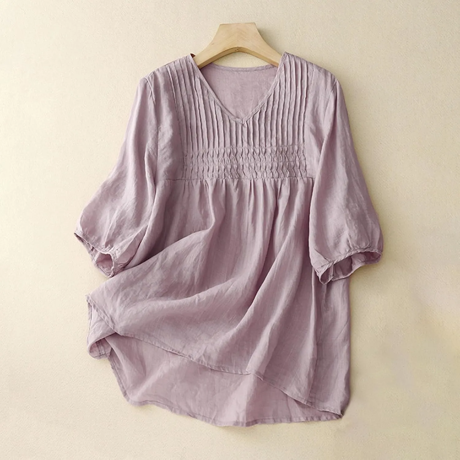 Women Cotton Linen Tops Puff Half Sleeve Solid Color Pleated V Neck Shirts Casual Loose Fit Babydoll Blouse