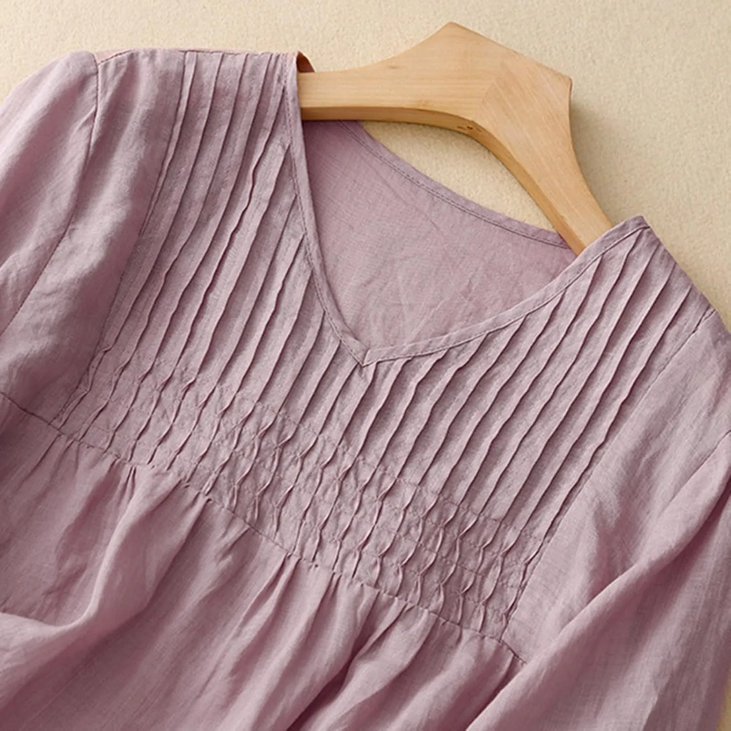 Women Cotton Linen Tops Puff Half Sleeve Solid Color Pleated V Neck Shirts Casual Loose Fit Babydoll Blouse