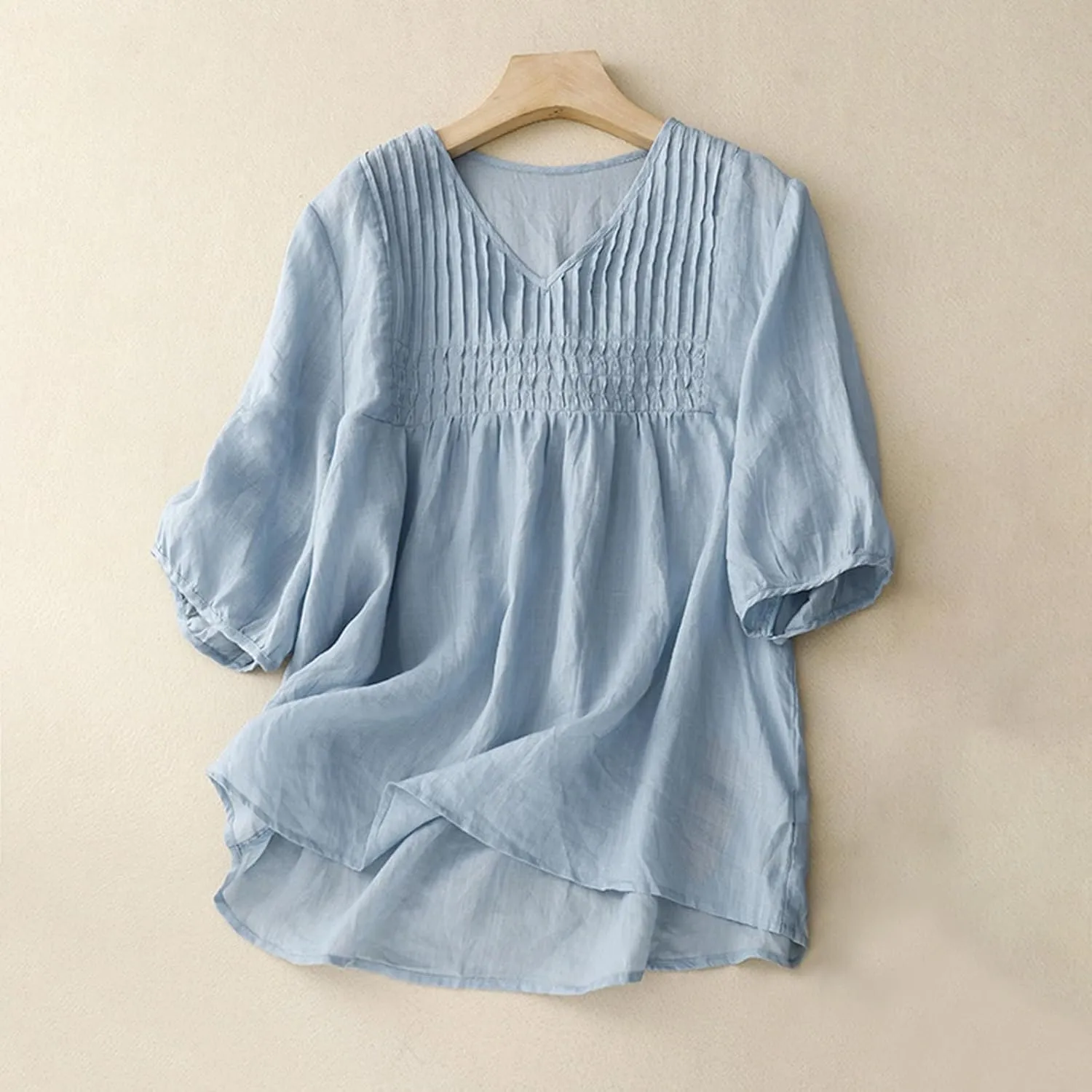 Women Cotton Linen Tops Puff Half Sleeve Solid Color Pleated V Neck Shirts Casual Loose Fit Babydoll Blouse