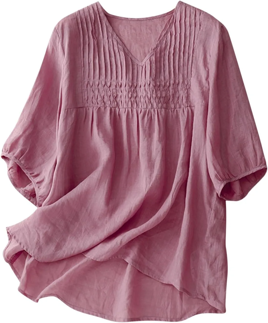 Women Cotton Linen Tops Puff Half Sleeve Solid Color Pleated V Neck Shirts Casual Loose Fit Babydoll Blouse