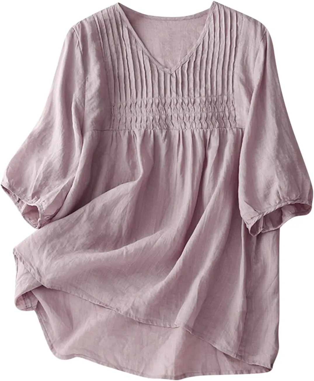 Women Cotton Linen Tops Puff Half Sleeve Solid Color Pleated V Neck Shirts Casual Loose Fit Babydoll Blouse