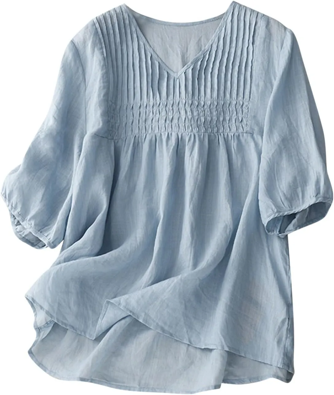 Women Cotton Linen Tops Puff Half Sleeve Solid Color Pleated V Neck Shirts Casual Loose Fit Babydoll Blouse