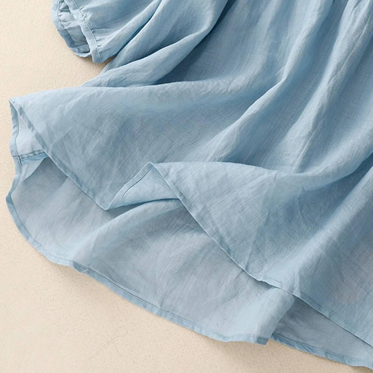 Women Cotton Linen Tops Puff Half Sleeve Solid Color Pleated V Neck Shirts Casual Loose Fit Babydoll Blouse