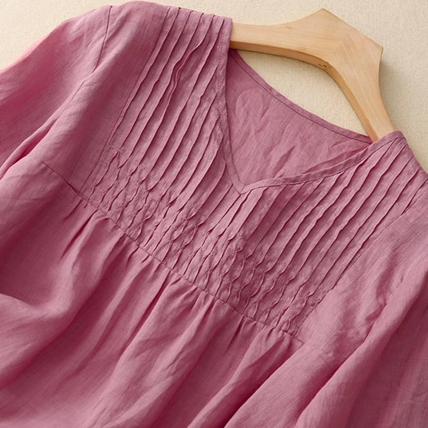 Women Cotton Linen Tops Puff Half Sleeve Solid Color Pleated V Neck Shirts Casual Loose Fit Babydoll Blouse
