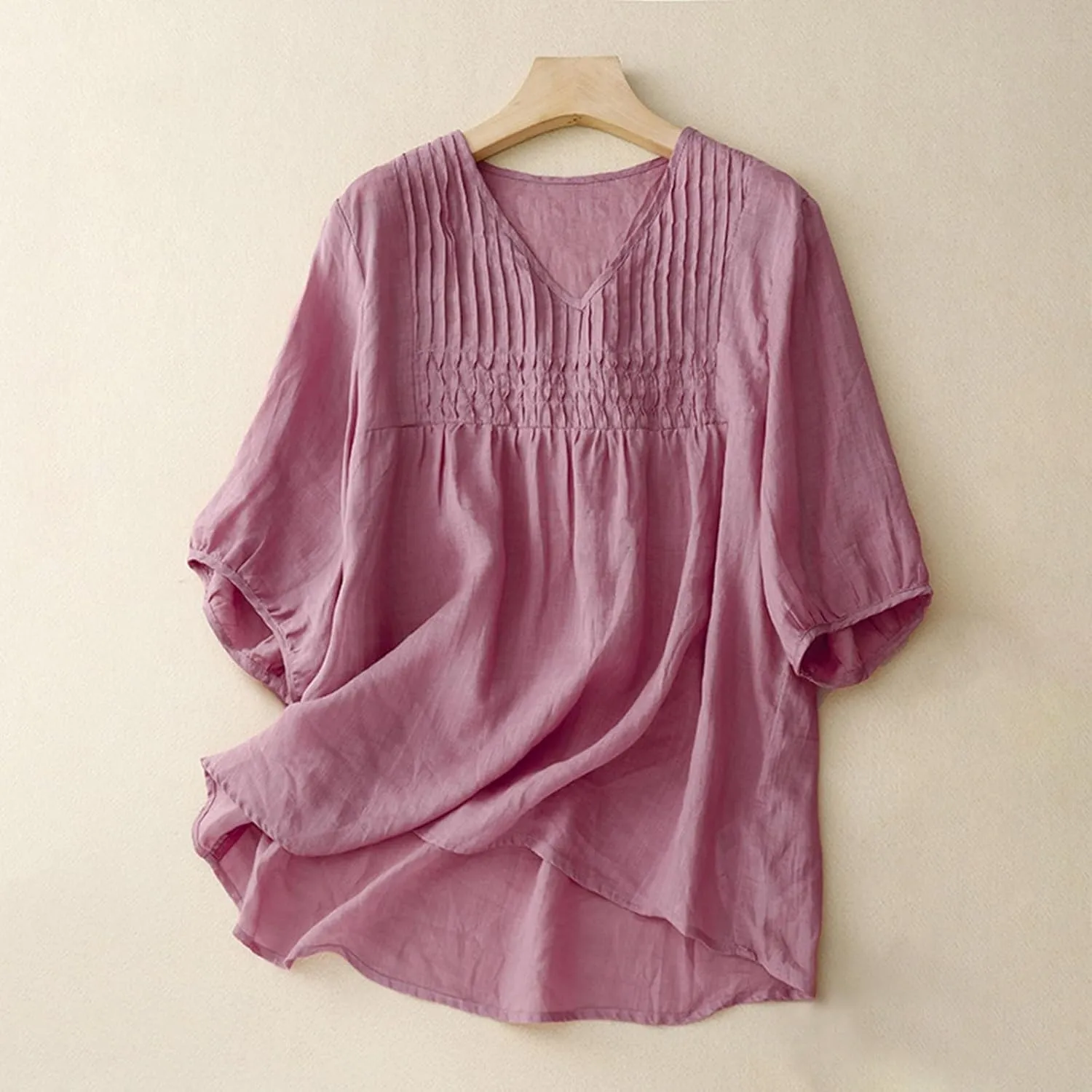 Women Cotton Linen Tops Puff Half Sleeve Solid Color Pleated V Neck Shirts Casual Loose Fit Babydoll Blouse