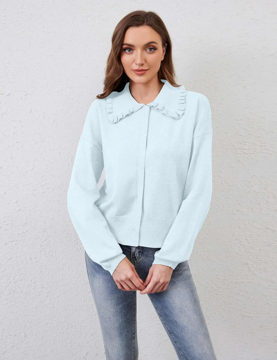 Women Cute Cropped Cardigan Ruffle Collar Open Front Cardigan Sweater Jacket Fall Loose Long Sleeve Knitted Cardigan