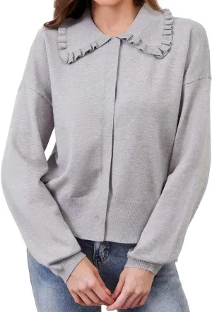 Women Cute Cropped Cardigan Ruffle Collar Open Front Cardigan Sweater Jacket Fall Loose Long Sleeve Knitted Cardigan