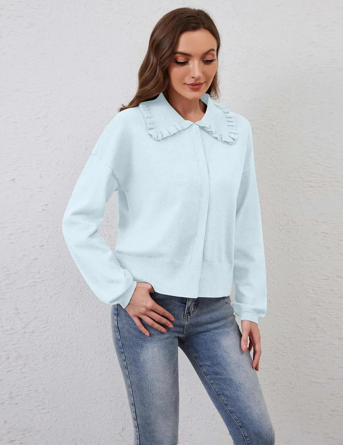 Women Cute Cropped Cardigan Ruffle Collar Open Front Cardigan Sweater Jacket Fall Loose Long Sleeve Knitted Cardigan