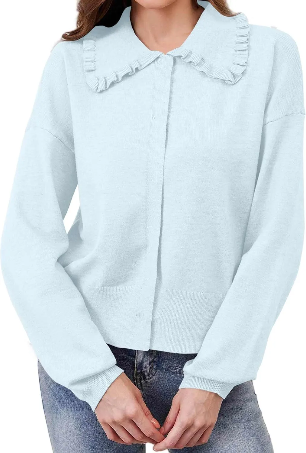 Women Cute Cropped Cardigan Ruffle Collar Open Front Cardigan Sweater Jacket Fall Loose Long Sleeve Knitted Cardigan