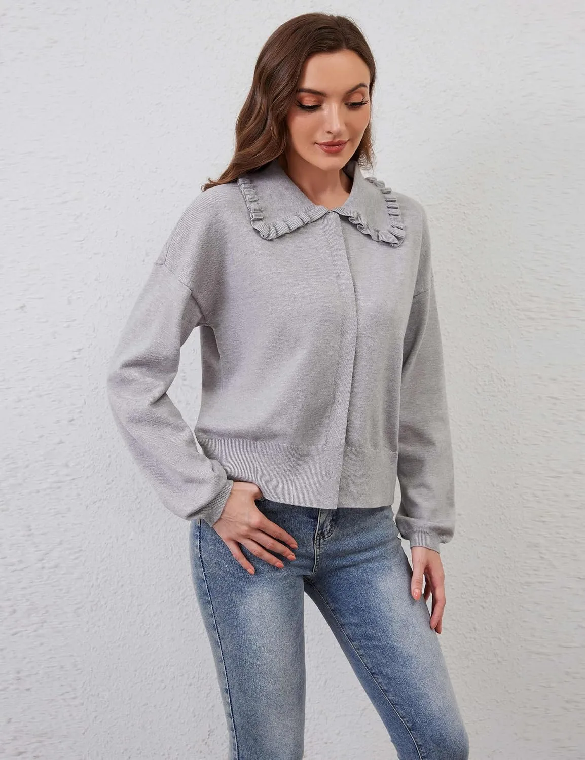 Women Cute Cropped Cardigan Ruffle Collar Open Front Cardigan Sweater Jacket Fall Loose Long Sleeve Knitted Cardigan