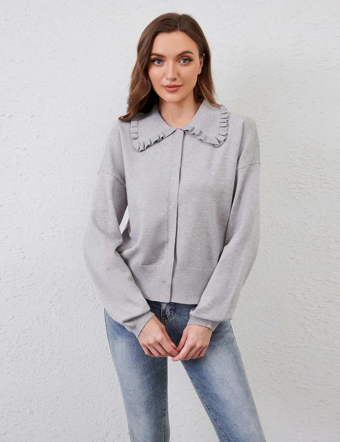 Women Cute Cropped Cardigan Ruffle Collar Open Front Cardigan Sweater Jacket Fall Loose Long Sleeve Knitted Cardigan