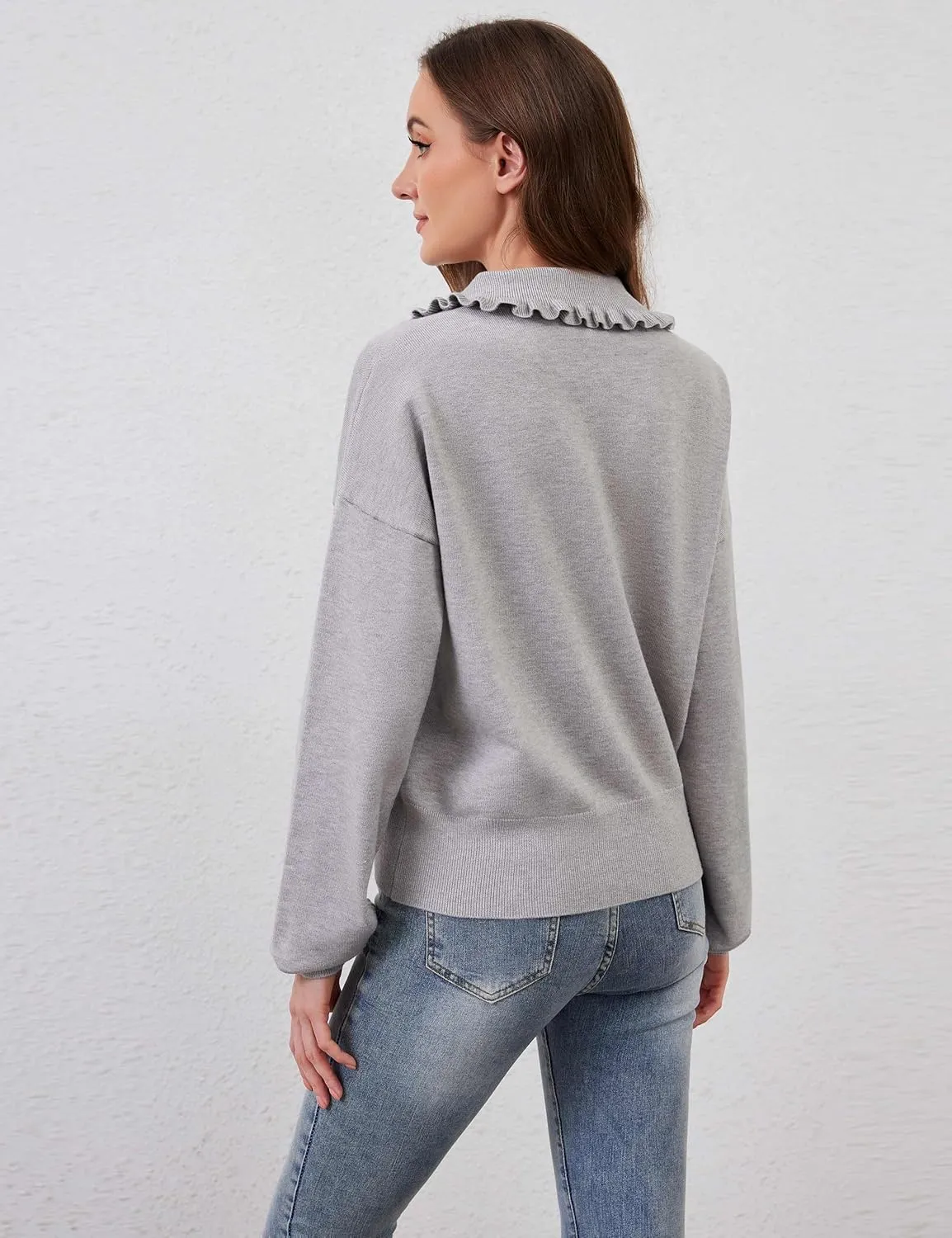 Women Cute Cropped Cardigan Ruffle Collar Open Front Cardigan Sweater Jacket Fall Loose Long Sleeve Knitted Cardigan