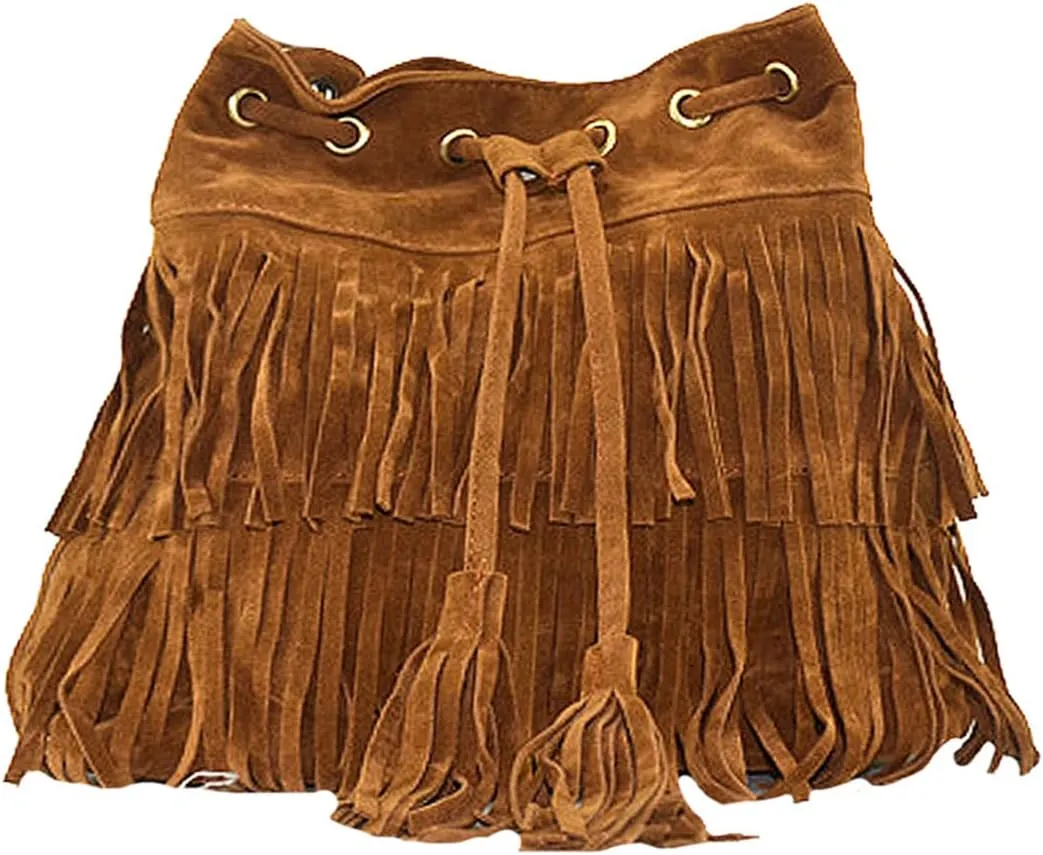 Women Faux Suede Tassel Fringe Bucket Bag Hippie Shoulder Bag Crossbody Bag Brown