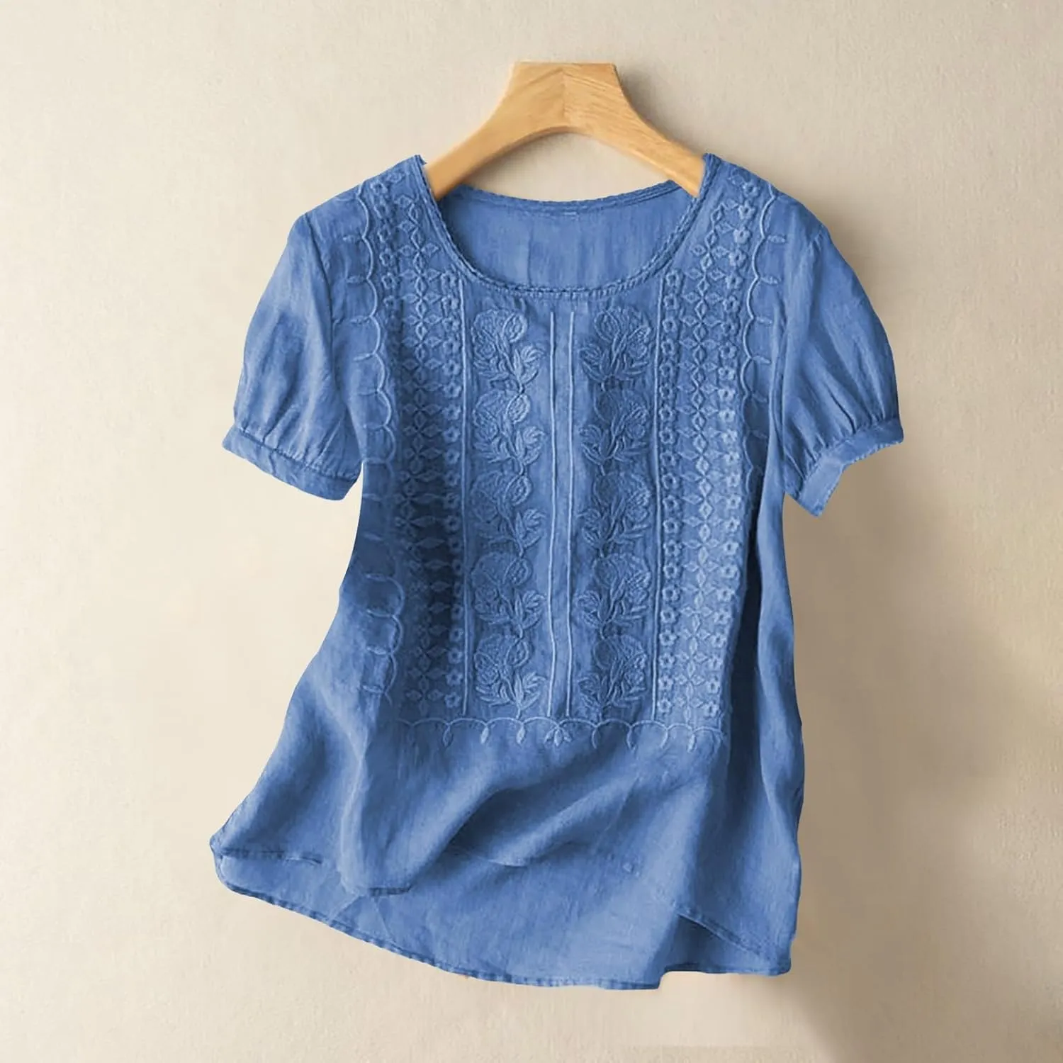Women Linen Knit Tops Boho Retro Embroidery Crewneck Ruffle Short Sleeve Comfy Loose Fit Lightweight Tees