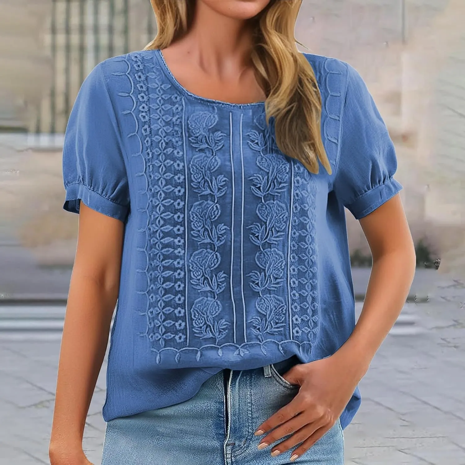 Women Linen Knit Tops Boho Retro Embroidery Crewneck Ruffle Short Sleeve Comfy Loose Fit Lightweight Tees