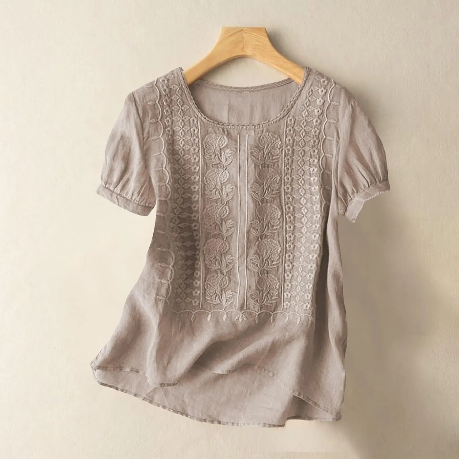 Women Linen Knit Tops Boho Retro Embroidery Crewneck Ruffle Short Sleeve Comfy Loose Fit Lightweight Tees