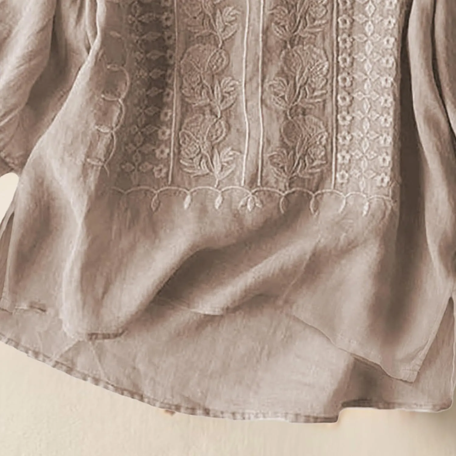 Women Linen Knit Tops Boho Retro Embroidery Crewneck Ruffle Short Sleeve Comfy Loose Fit Lightweight Tees