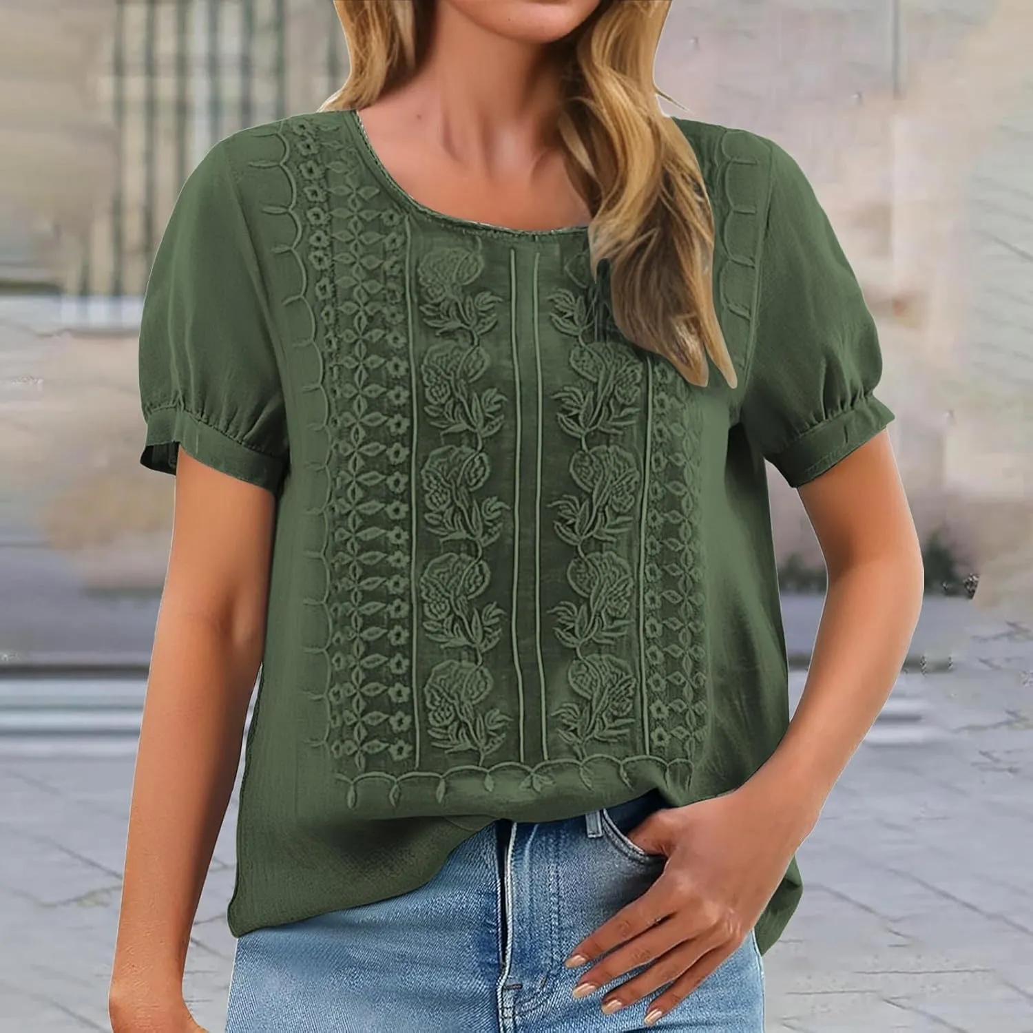 Women Linen Knit Tops Boho Retro Embroidery Crewneck Ruffle Short Sleeve Comfy Loose Fit Lightweight Tees