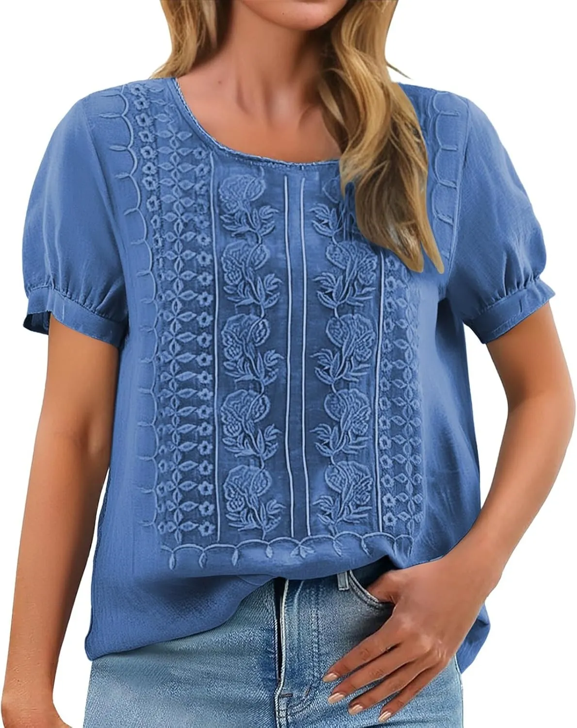 Women Linen Knit Tops Boho Retro Embroidery Crewneck Ruffle Short Sleeve Comfy Loose Fit Lightweight Tees