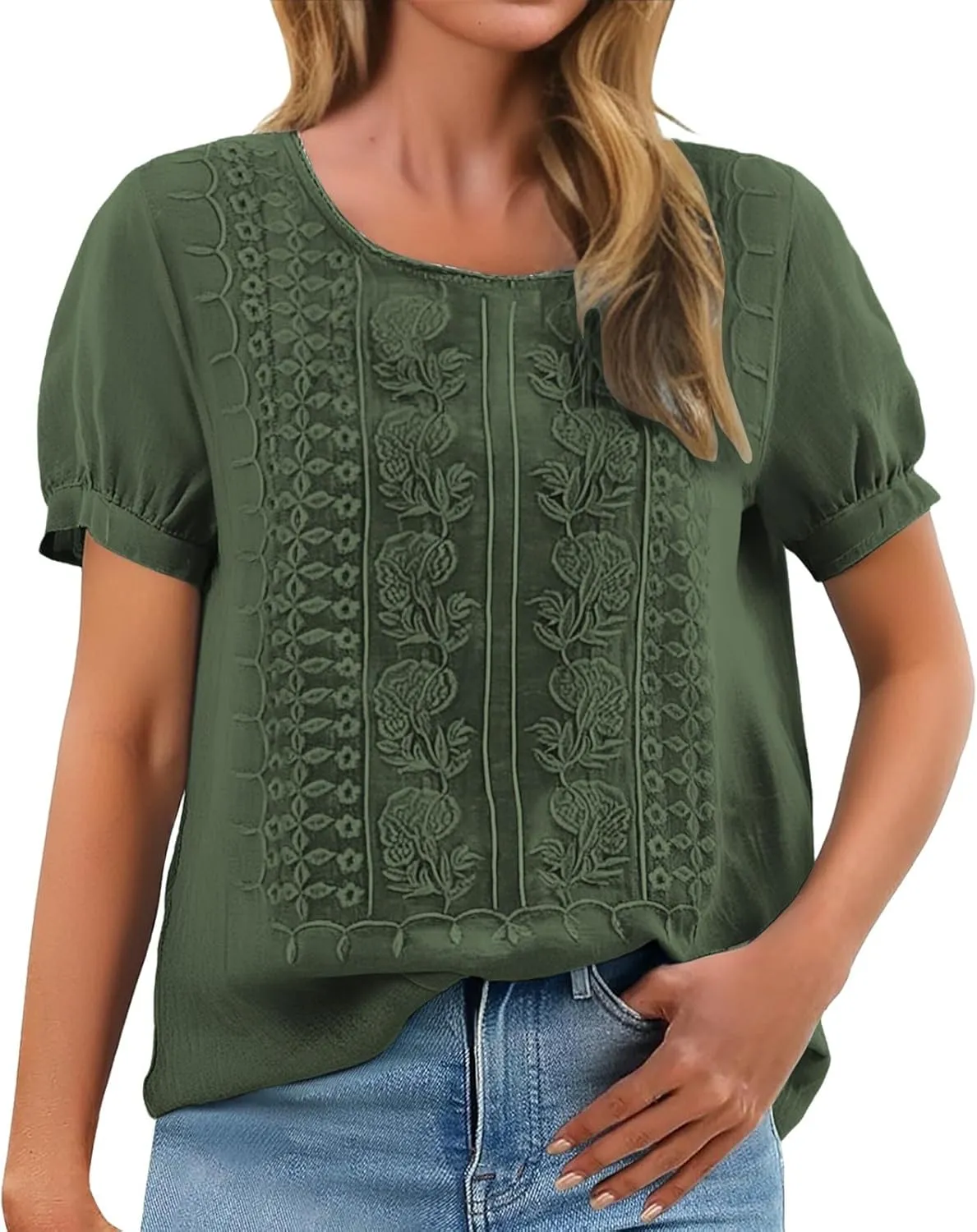 Women Linen Knit Tops Boho Retro Embroidery Crewneck Ruffle Short Sleeve Comfy Loose Fit Lightweight Tees