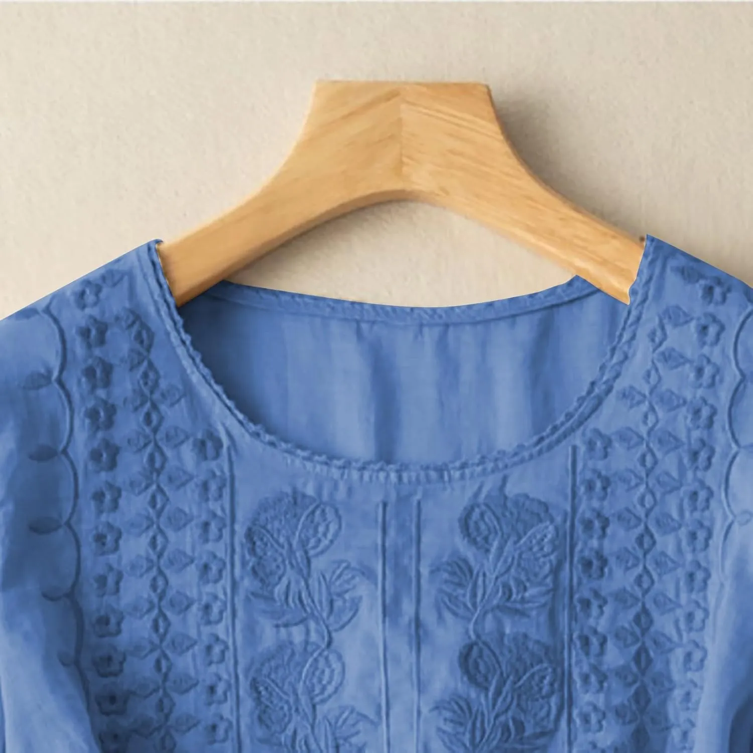 Women Linen Knit Tops Boho Retro Embroidery Crewneck Ruffle Short Sleeve Comfy Loose Fit Lightweight Tees