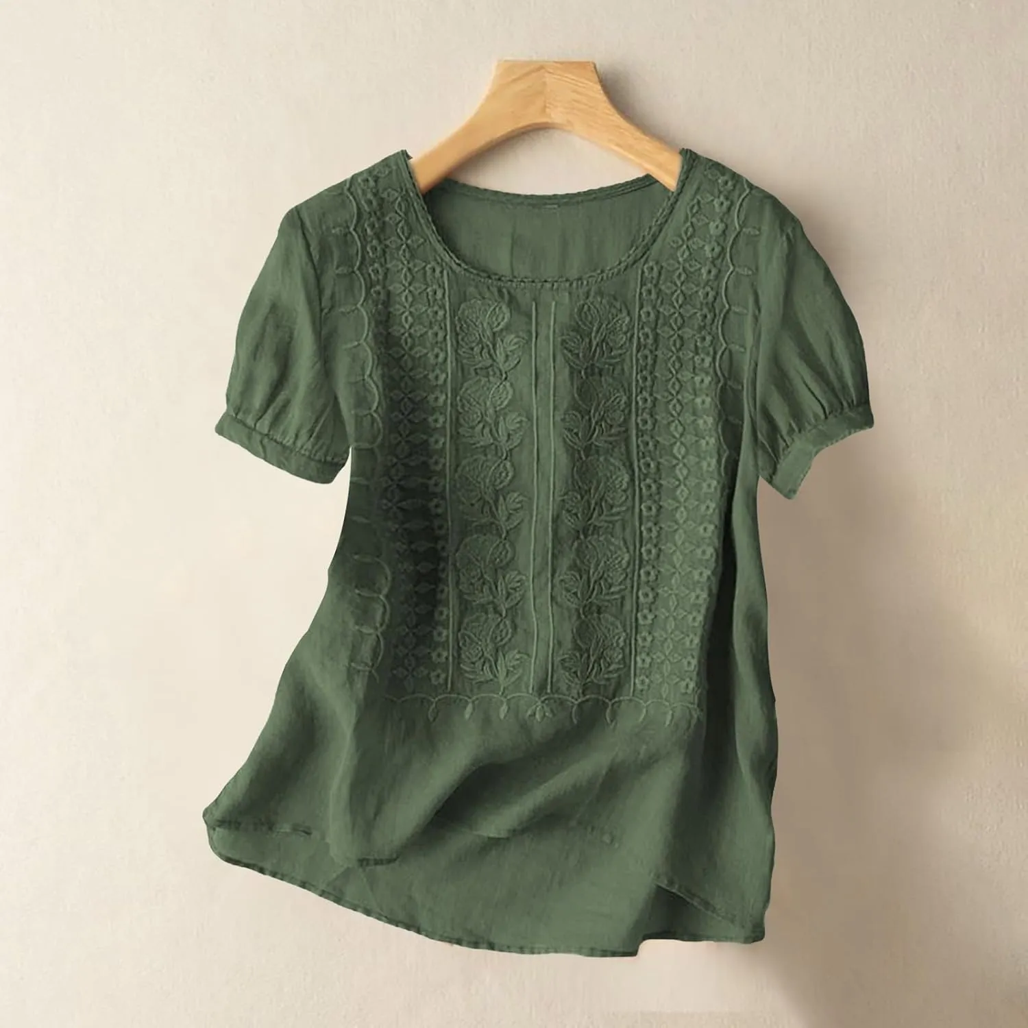 Women Linen Knit Tops Boho Retro Embroidery Crewneck Ruffle Short Sleeve Comfy Loose Fit Lightweight Tees