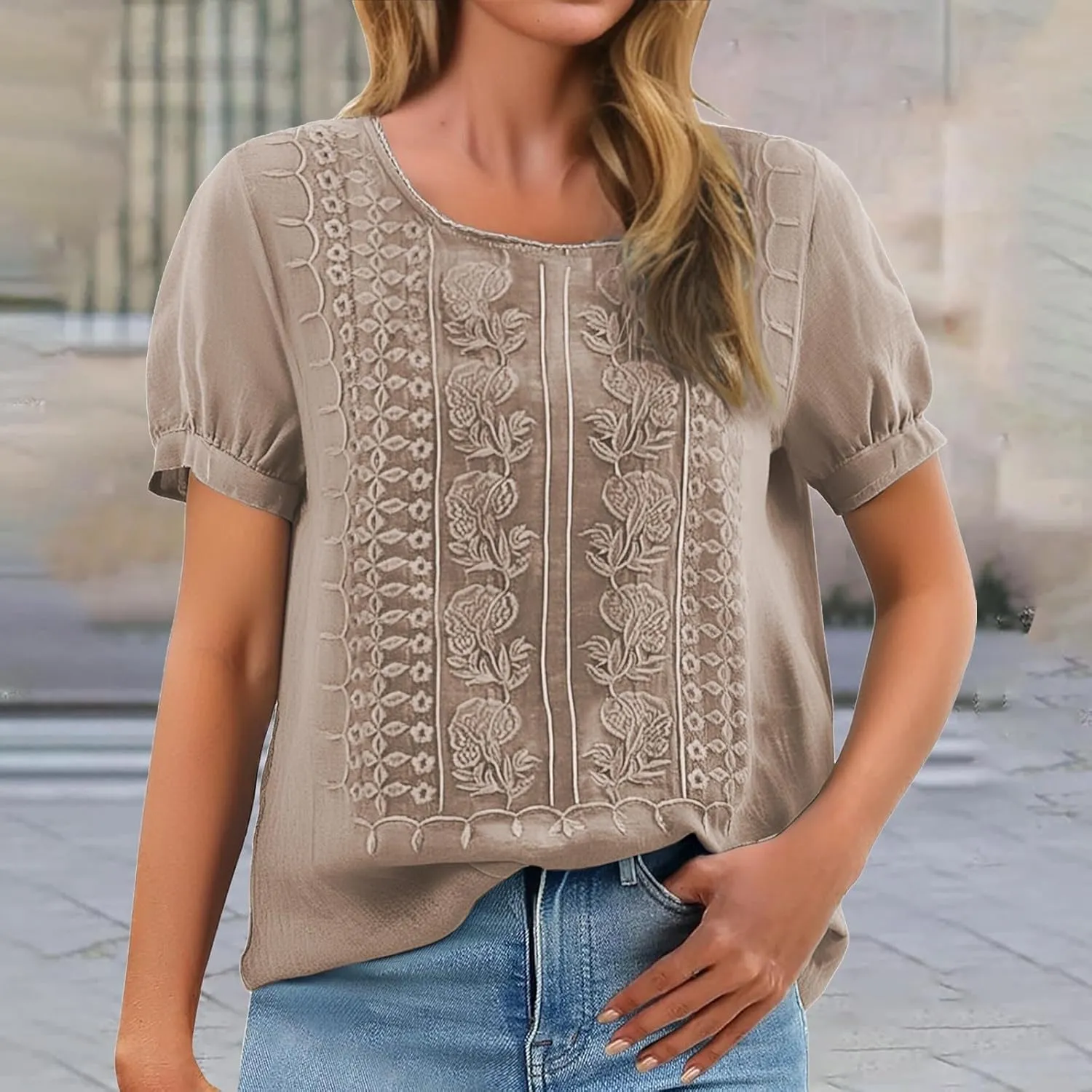 Women Linen Knit Tops Boho Retro Embroidery Crewneck Ruffle Short Sleeve Comfy Loose Fit Lightweight Tees