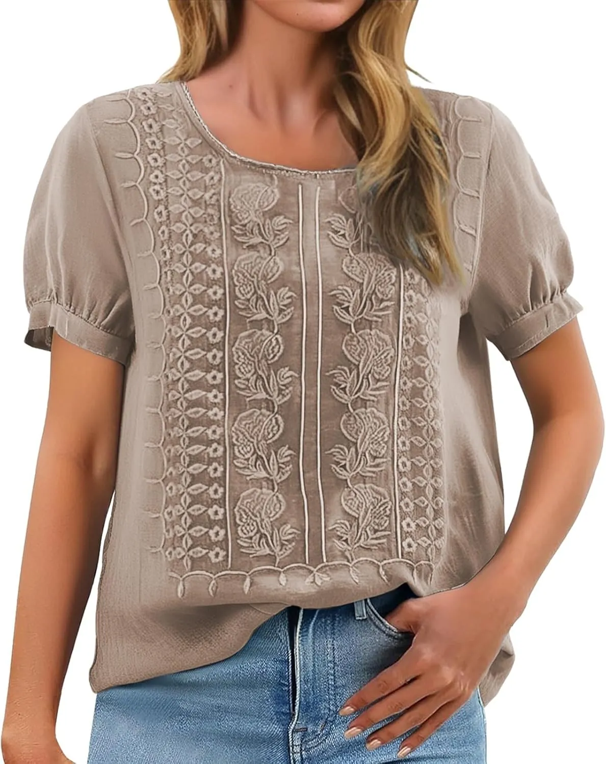 Women Linen Knit Tops Boho Retro Embroidery Crewneck Ruffle Short Sleeve Comfy Loose Fit Lightweight Tees