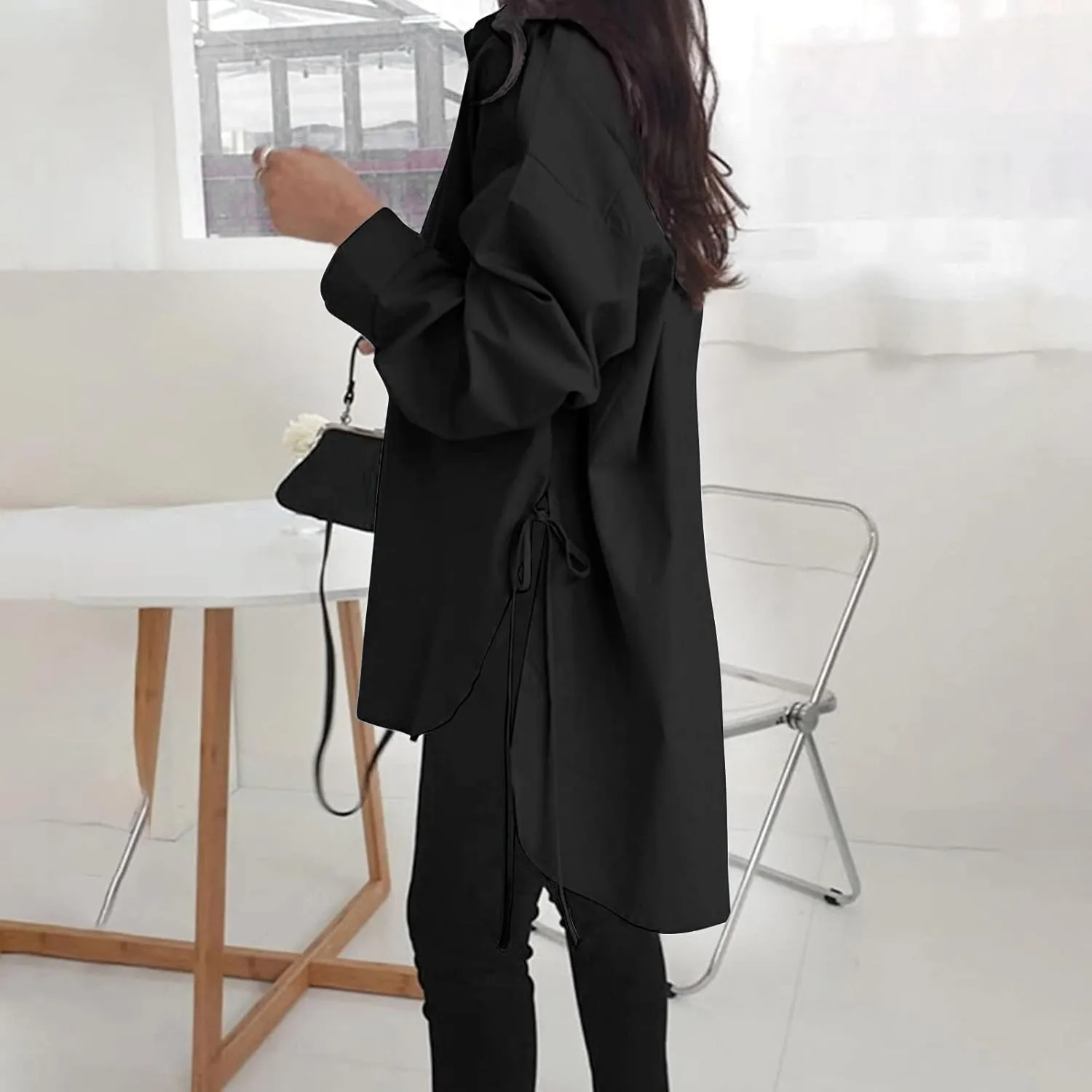 Women Long Sleeve Boyfriend Button Down Shirts Asymmetrical Casual Lace Up Oversized Tunic Tops