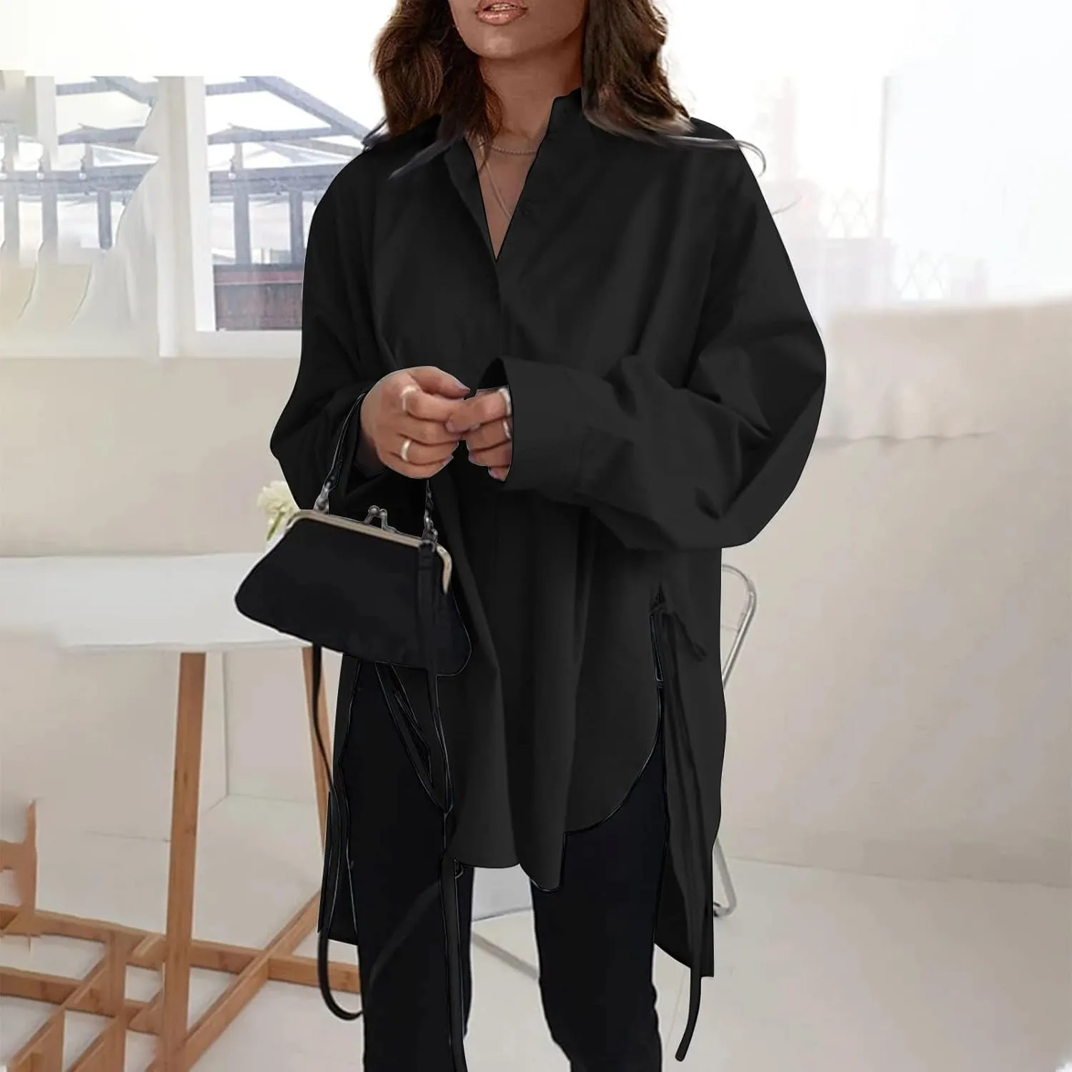 Women Long Sleeve Boyfriend Button Down Shirts Asymmetrical Casual Lace Up Oversized Tunic Tops