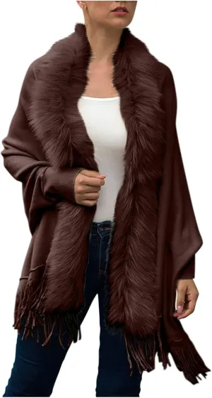 Women Luxury Bridal Faux Fur Shawl Wraps Cloak Coat Sweater Cape Stylish Cozy Long Sleeve Open Front Fringe Cardigan