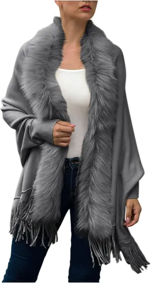 Women Luxury Bridal Faux Fur Shawl Wraps Cloak Coat Sweater Cape Stylish Cozy Long Sleeve Open Front Fringe Cardigan