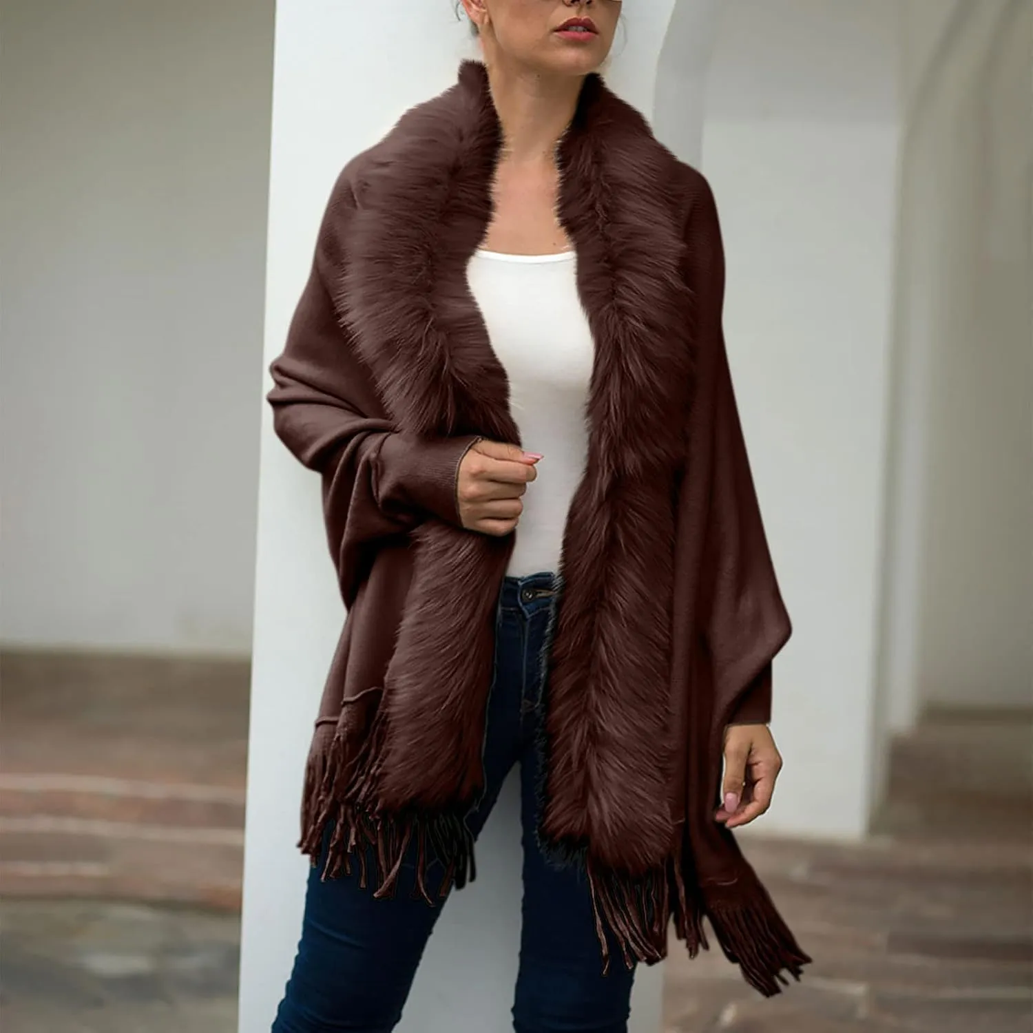 Women Luxury Bridal Faux Fur Shawl Wraps Cloak Coat Sweater Cape Stylish Cozy Long Sleeve Open Front Fringe Cardigan