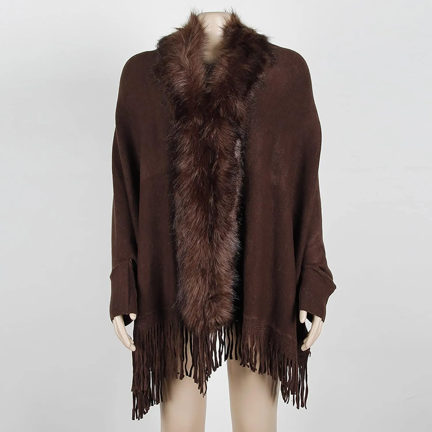 Women Luxury Bridal Faux Fur Shawl Wraps Cloak Coat Sweater Cape Stylish Cozy Long Sleeve Open Front Fringe Cardigan