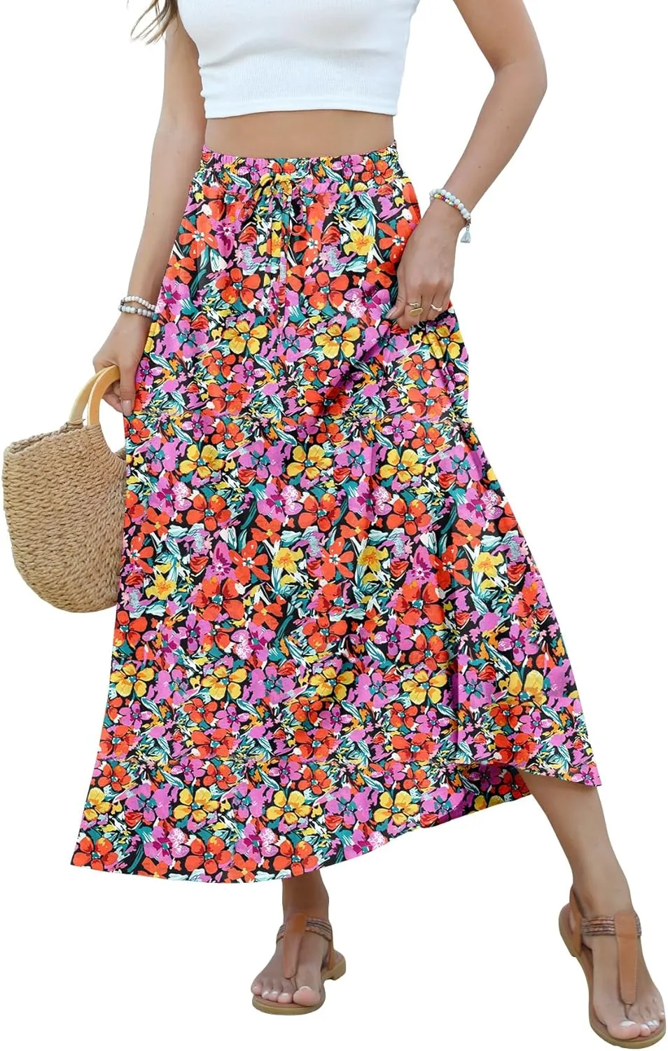 Women Maxi Skirt Long Flowy Pleated High Waisted with Pockets Summer Casual Elastic Waist A-Line Skirts