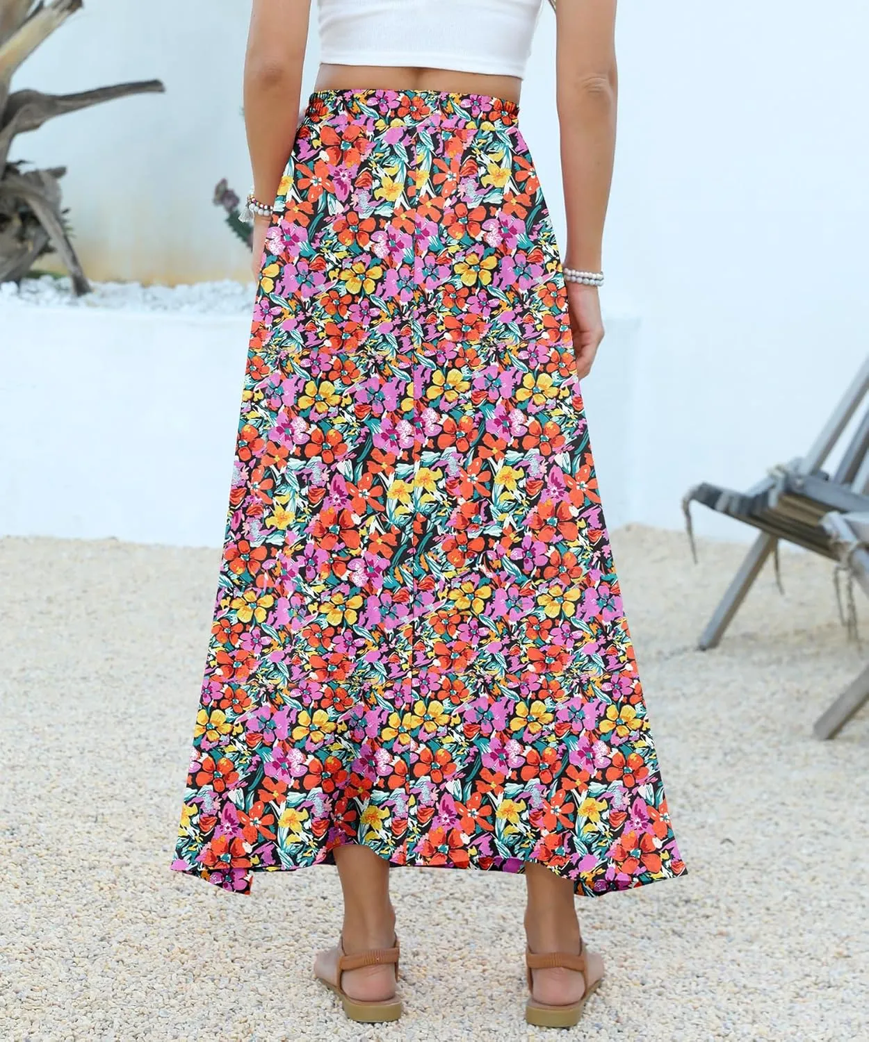 Women Maxi Skirt Long Flowy Pleated High Waisted with Pockets Summer Casual Elastic Waist A-Line Skirts