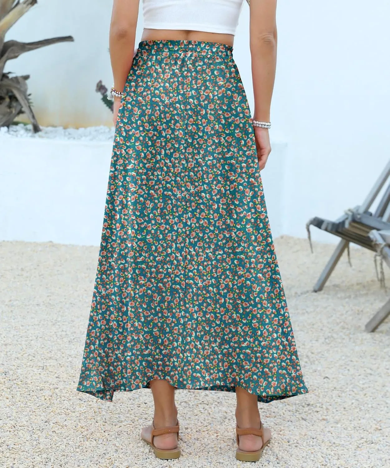 Women Maxi Skirt Long Flowy Pleated High Waisted with Pockets Summer Casual Elastic Waist A-Line Skirts