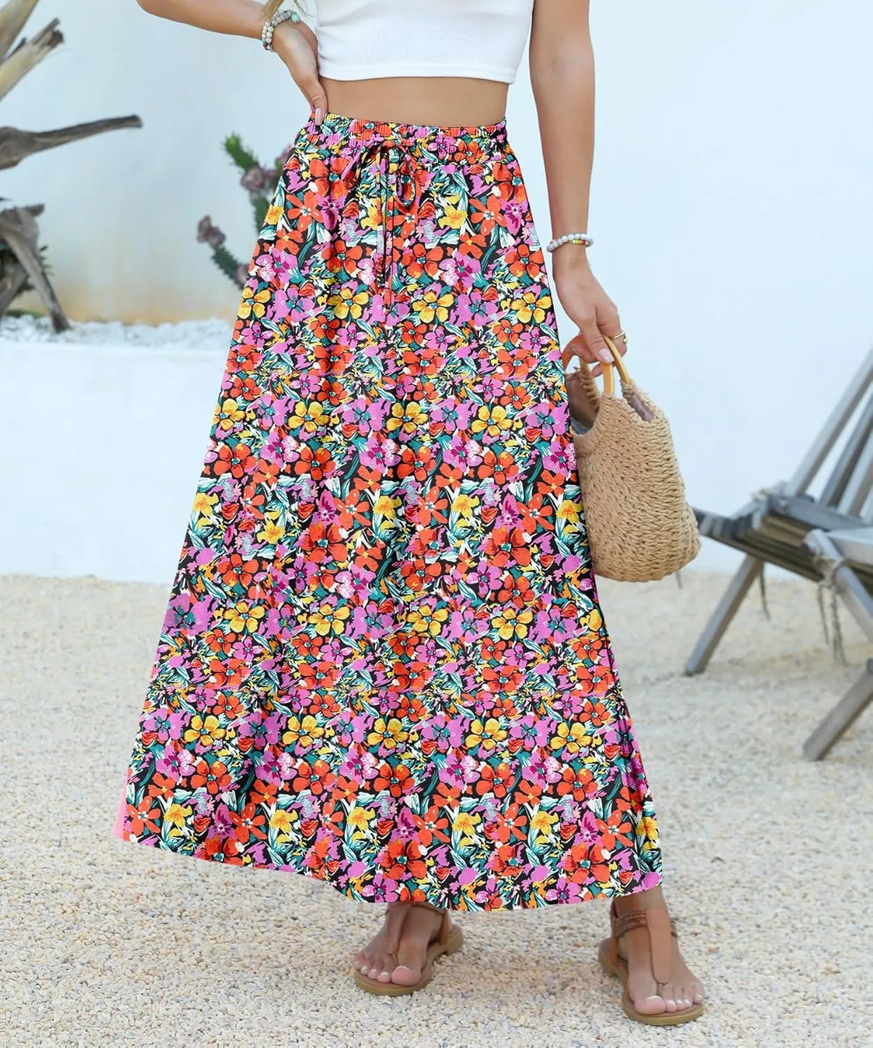 Women Maxi Skirt Long Flowy Pleated High Waisted with Pockets Summer Casual Elastic Waist A-Line Skirts