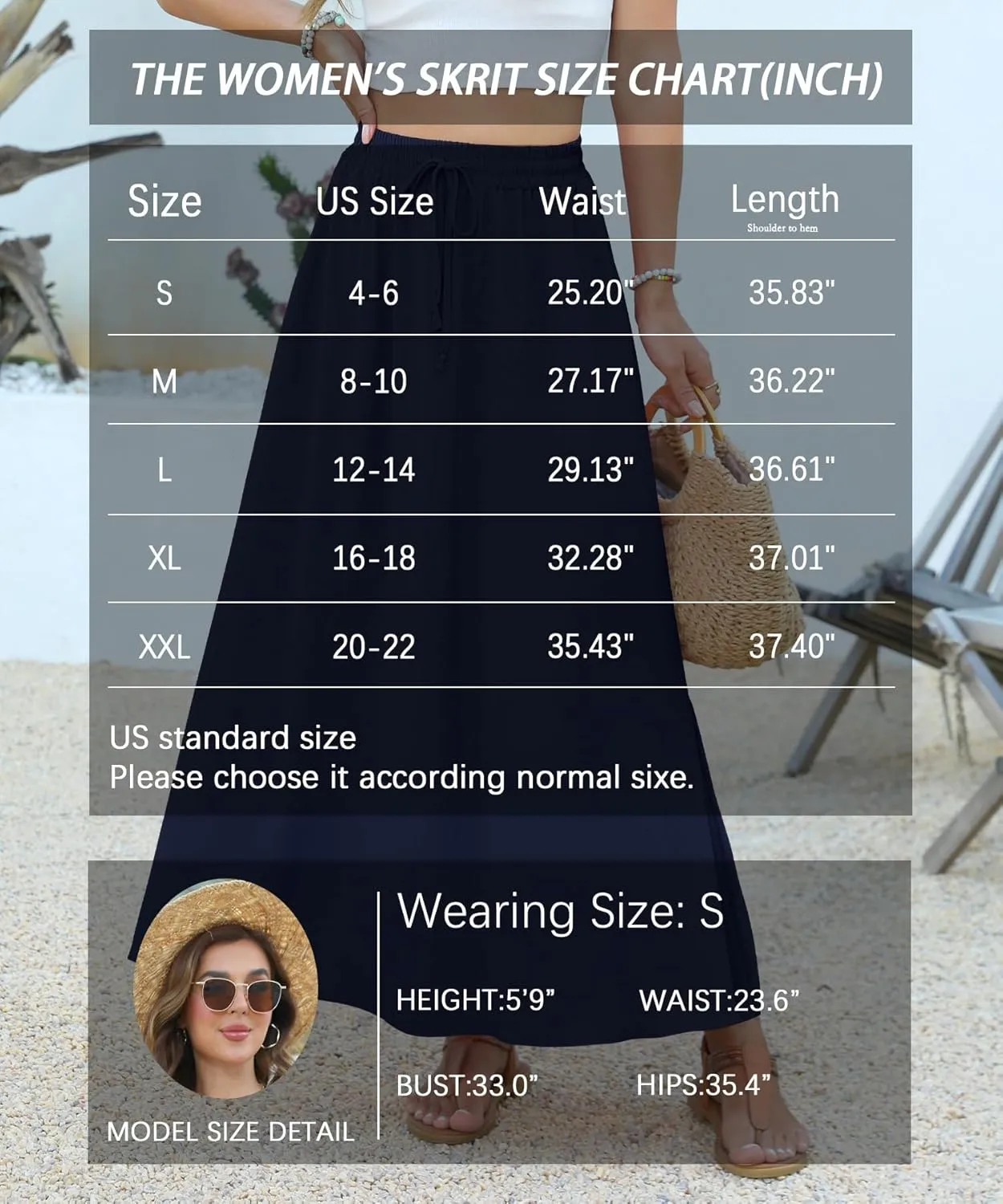 Women Maxi Skirt Long Flowy Pleated High Waisted with Pockets Summer Casual Elastic Waist A-Line Skirts