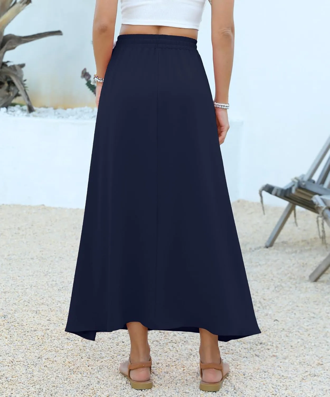 Women Maxi Skirt Long Flowy Pleated High Waisted with Pockets Summer Casual Elastic Waist A-Line Skirts