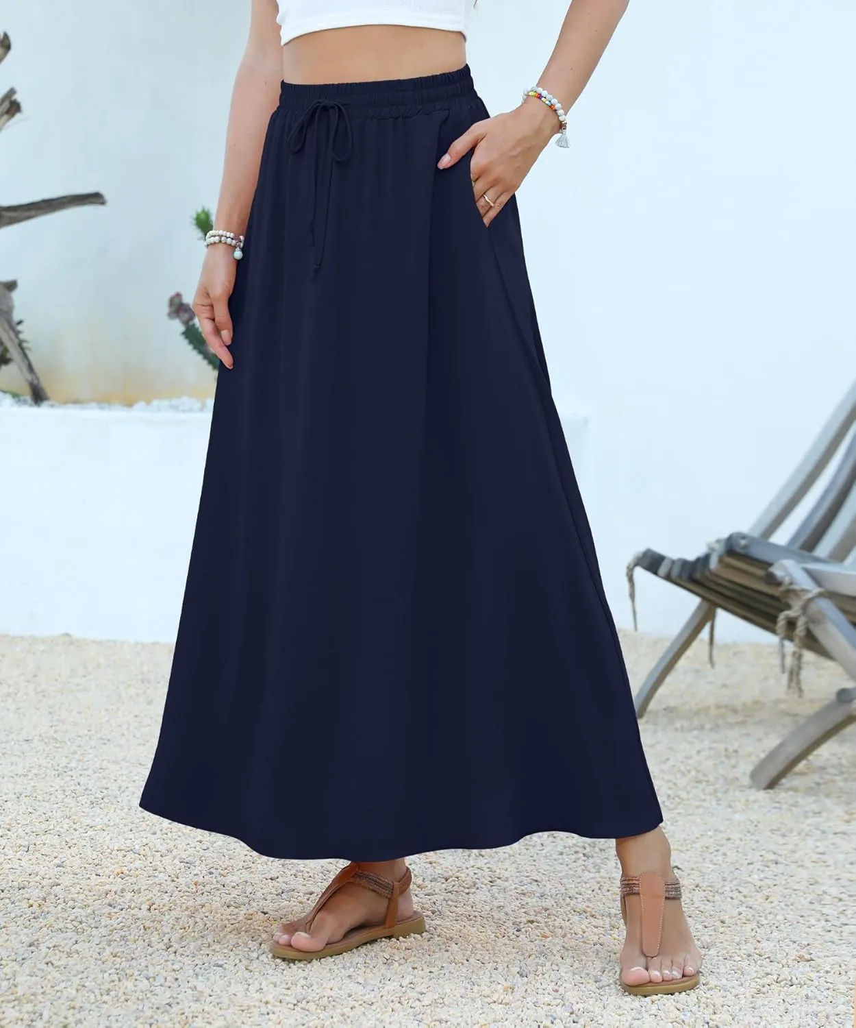 Women Maxi Skirt Long Flowy Pleated High Waisted with Pockets Summer Casual Elastic Waist A-Line Skirts