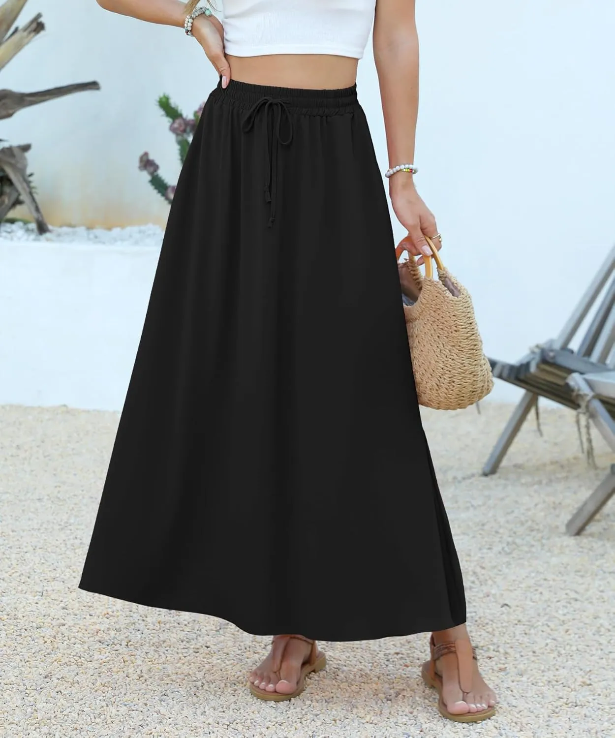 Women Maxi Skirt Long Flowy Pleated High Waisted with Pockets Summer Casual Elastic Waist A-Line Skirts