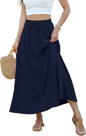Women Maxi Skirt Long Flowy Pleated High Waisted with Pockets Summer Casual Elastic Waist A-Line Skirts