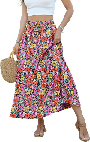 Women Maxi Skirt Long Flowy Pleated High Waisted with Pockets Summer Casual Elastic Waist A-Line Skirts