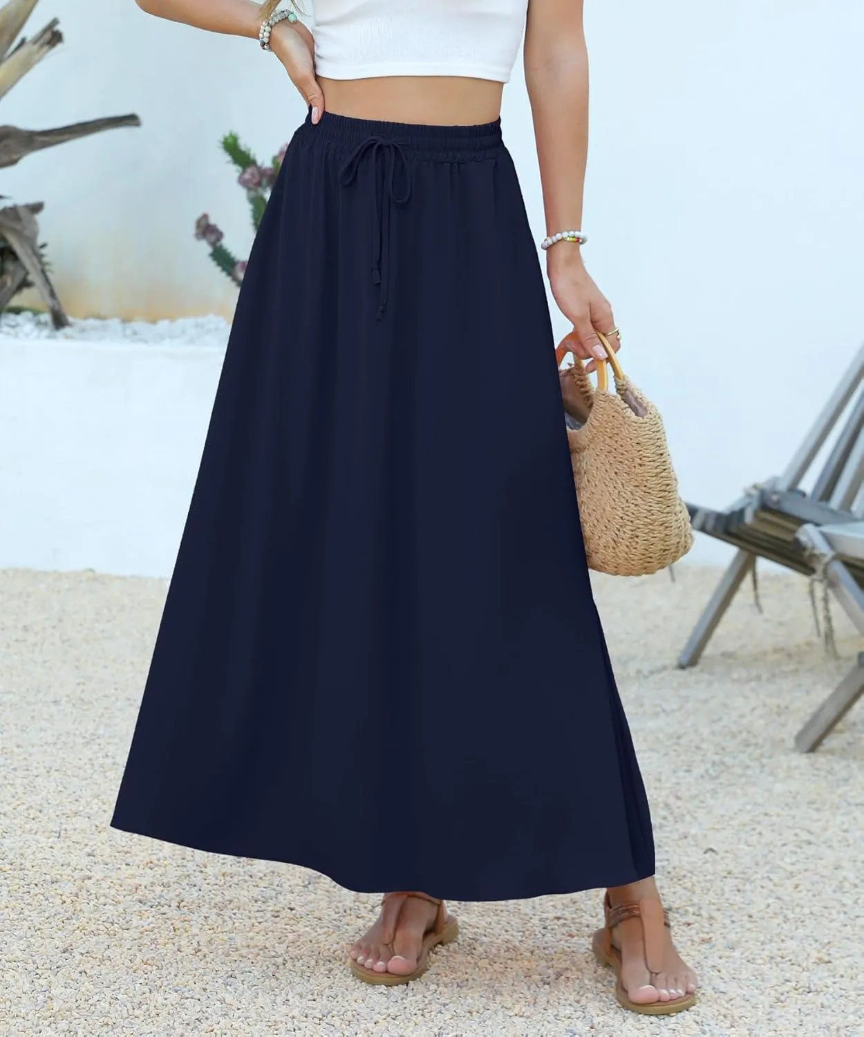 Women Maxi Skirt Long Flowy Pleated High Waisted with Pockets Summer Casual Elastic Waist A-Line Skirts