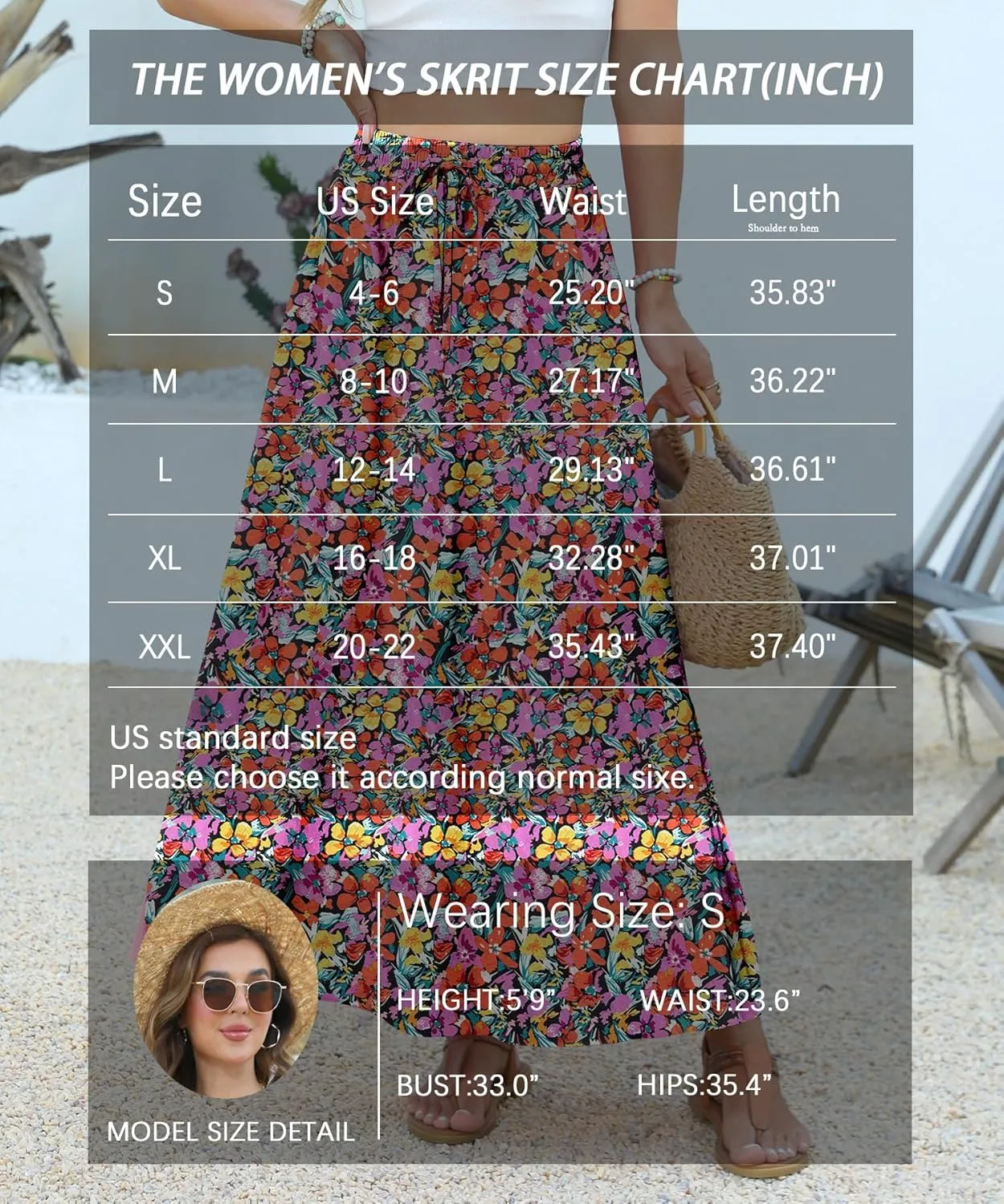 Women Maxi Skirt Long Flowy Pleated High Waisted with Pockets Summer Casual Elastic Waist A-Line Skirts