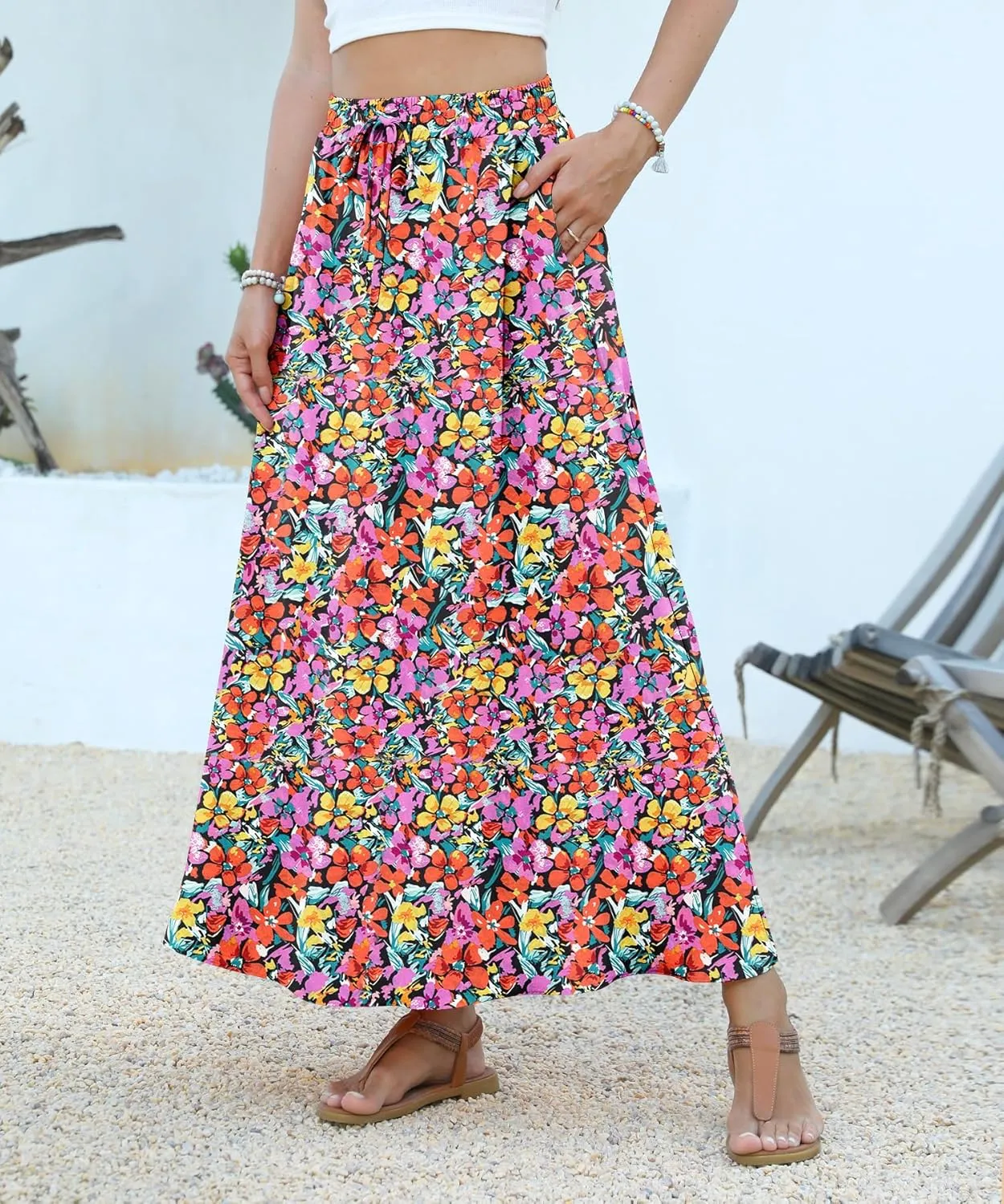 Women Maxi Skirt Long Flowy Pleated High Waisted with Pockets Summer Casual Elastic Waist A-Line Skirts